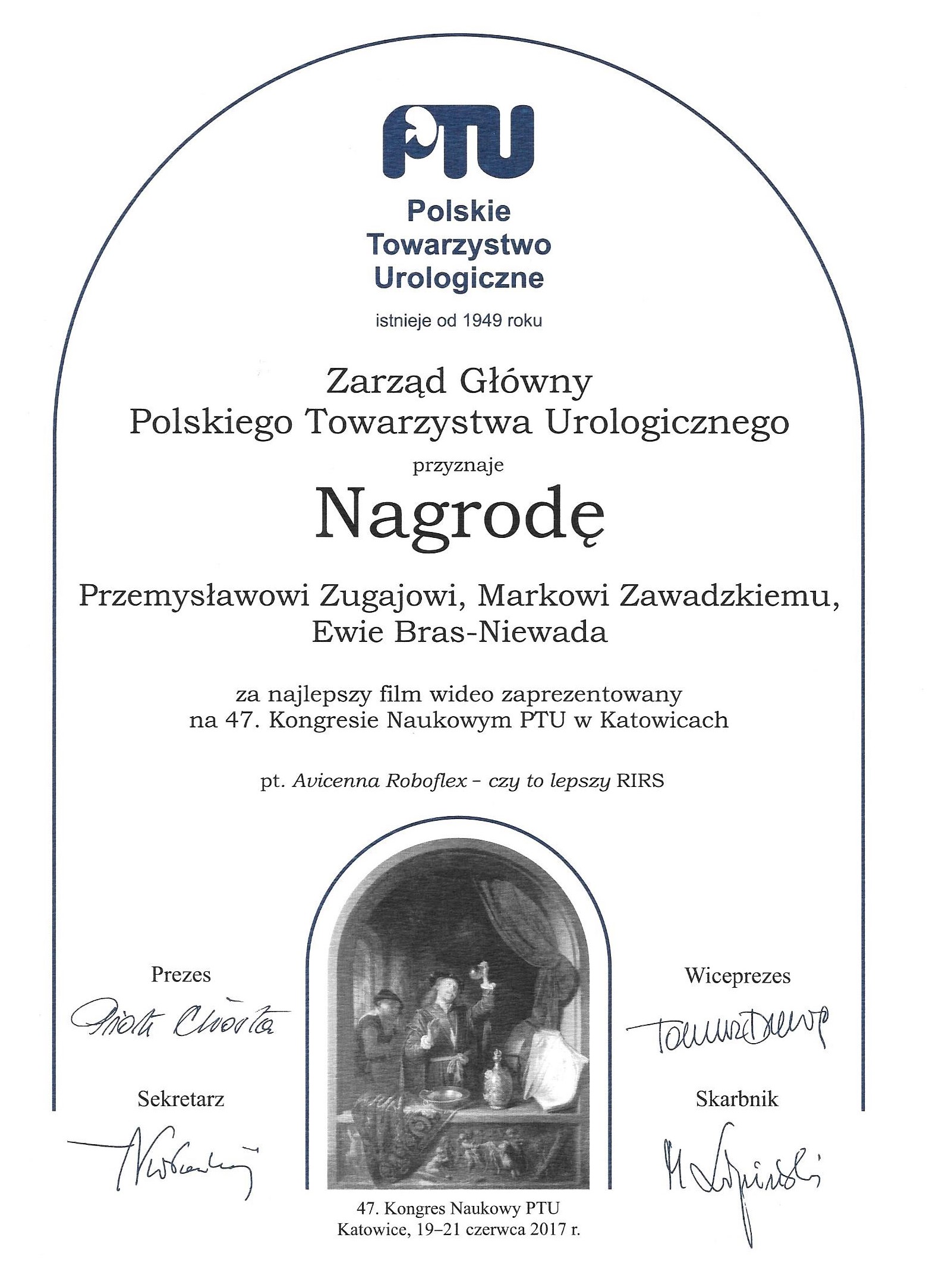 dyplom najlepsza praca podczas Kongresu Polskiego Towarzystwa Urologicznego