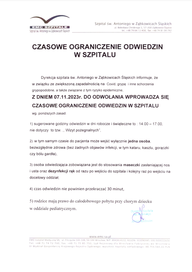 czasowe ograniczenie odwiedzin w szpitalu