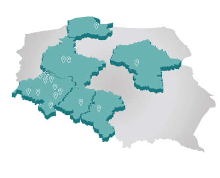 Mapa z wyróżnionymi województwami na których są znaczniki z lokalizacją naszych placówek