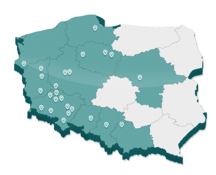 Mapa z wyróżnionymi województwami na których są znaczniki z lokalizacją naszych placówek